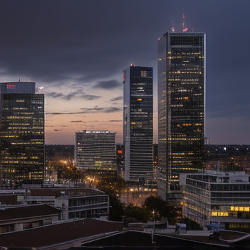 tower,eye-level view,dusk,urban street view,city urban,glass